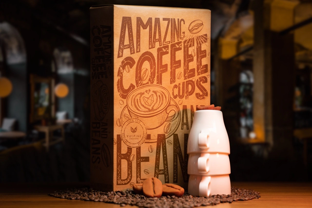 The Amazing Coffee Cups and Beans set in its box